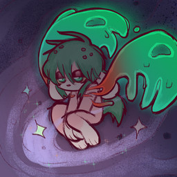 anthro big_ears bleeding_arm blood bodily_fluids candy chocolate chocolate_chips cosmic_background curled_up dessert eyeshadow feet female fetal_pose fluffy fluffy_tail food glowing glowing_wings green_eyes green_hair green_tail hair makeup nude paws self-harm solo space space_background sparkles spread_wings tail wings marpystar strawby_(marpystar) canid canine canis domestic_dog hybrid lagomorph leporid mammal rabbit 1:1 hi_res trans_(lore)