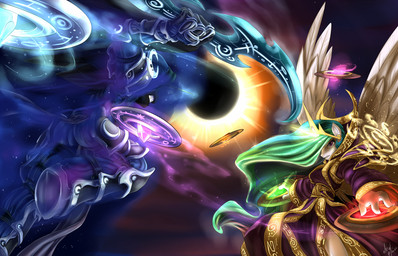 anthro anthrofied armor blue_hair clothing crown cutie_mark dagger disk duo eclipse feathered_wings feathers female fight gem glowing gold_(metal) hair headgear horn levitation long_hair magic magic_user melee_weapon moon multicolored_hair princess purple_eyes robe royalty solar_eclipse sparkles sun sword weapon wings atryl friendship_is_magic hasbro my_little_pony mythology nightmare_moon_(mlp) princess_celestia_(mlp) equid equine mammal mythological_creature mythological_equine winged_unicorn 2012 digital_media_(artwork) hi_res