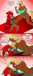 anthro anthro_on_anthro big_breasts blonde_hair blue_eyes blush breasts brown_body brown_fur butt claws clothed clothing dialogue duo eyes_closed female female/female fur hair interspecies kissing open_mouth partially_clothed red_hair speech_bubble text thick_thighs white_body white_fur norakaru dreamworks nintendo pokemon spirit:_stallion_of_the_cimarron rain_(cimarron) equid equine generation_5_pokemon horse mammal pokemon_(species) zoroark english_text hi_res