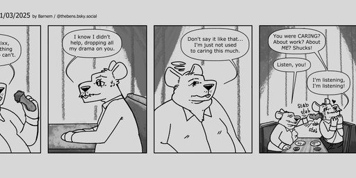 anthro biped bodily_fluids clothing dialogue duo food humanoid_hands male overweight overweight_male shirt sitting sweat text topwear barnem mammal murid murine rat rodent 2025 comic english_text hi_res monochrome