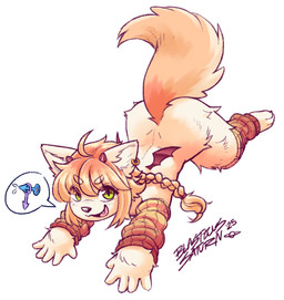 ambiguous_gender anthro arm_warmers armwear braided_hair butt clothing ear_piercing fur green_eyes hair horn leg_warmers legwear looking_at_viewer male nude open_mouth orange_hair orange_tail piercing simple_background smile solo symbol tail text white_background wings blasticussaturn apricot_(blasticussaturn) canid canine demon mammal 2025 digital_media_(artwork) hi_res signature