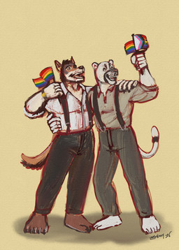 anthro clothing duo lgbt_pride male male/male pride_color_clothing pride_color_flag pride_colors alexyorim echo_(series) echo_project lgbt_pride_month the_smoke_room samuel_ayers william_adler canid canine canis cougar coyote felid feline mammal hi_res