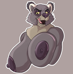 anthro areola big_areola big_breasts big_nipples breasts eye_bags eyelashes female genitals huge_breasts licking looking_at_viewer markings mature_anthro mature_female mole_(marking) montgomery_glands nipples nude open_mouth simple_background smile solo tongue tongue_out wrinkles klr-rio disney the_lion_guard the_lion_king mama_binturong binturong mammal viverrid digital_media_(artwork) hi_res