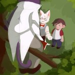 anthro bow_tie branch brown_hair clothing eyes_closed fur grey_clothing grey_topwear grey_vest group hair male outside plant purple_body purple_fur red_bow_tie shirt t-shirt tail topwear tree trio vest white_body white_dress_shirt white_fur mamaito morenatsu amaki_tsukishiro hiroyuki_(morenatsu) shin_(morenatsu) domestic_cat felid feline felis human mammal 1:1 2012