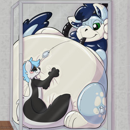 anthro black_body blue_body blush duo eyes_closed green_eyes hose hose_inflation inflatable inflation pool_toy size_difference tail symrea mythology animate_inanimate dragon living_inflatable mammal mephitid mythological_creature mythological_scalie scalie skunk 1:1 hi_res