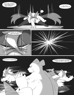 angry anthro battle cape claws clothing crouching dark_legs dialogue duo eyelashes fast female fight hand_on_ground looking_down looking_up running speed_lines text spicykiwi nintendo pokemon tulip_(spicykiwi) generation_2_pokemon generation_9_pokemon meowscarada pokemon_(species) ursaring absurd_res comic english_text hi_res monochrome story