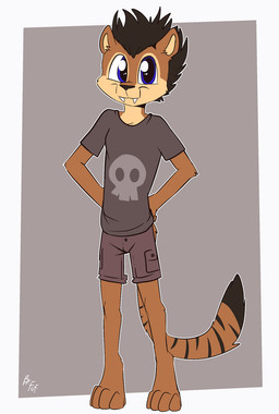 anthro biped black_hair black_markings black_nose blue_eyes bottomwear clothed clothing countershade_face countershade_torso countershading dipstick_tail fangs front_view hair hands_on_own_hips looking_at_viewer male markings multicolored_body orange_body shirt short_hair shorts simple_background solo striped_markings striped_tail stripes tail tail_markings tan_body tan_countershading teeth topwear two_tone_body young young_anthro young_male fuf felid mammal pantherine tiger 2019 hi_res