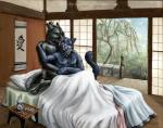 anthro bed cjk_character detailed_background duo furniture japanese licking male male/male tongue tongue_out rog_minotaur saki canid canine canis felid mammal wolf 2006