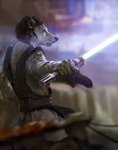 anthro blue_lightsaber clothed clothing fighting_pose jedi lightsaber male melee_weapon pose solo standing weapon nomax star_wars canid canine canis mammal wolf 2020 digital_media_(artwork) hi_res