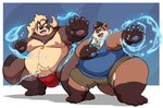 anthro belly big_belly bottomwear brown_body brown_fur bulge clothing duo fur kemono magic male moobs nipples overweight overweight_male shirt shorts topwear kusosensei lifewonders tokyo_afterschool_summoners goemon_(tas) canid canine mammal raccoon_dog tanuki 2025 hi_res