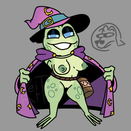 anthro areola blue_eyes breasts cloak clothing eyelashes female flashing front_view genitals green_areola green_body green_nipples grey_background hat headgear headwear nipples nude purple_cloak purple_clothing purple_hat purple_headwear simple_background smile solo thick_thighs vulva wide_hips witch_hat artzkeith legends_of_avantris peggy_(legends_of_avantris) amphibian frog 1:1 hi_res
