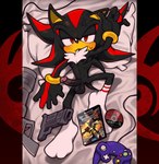 5_fingers anthro athletic balls bed_sheet bedding black_body black_fur black_nose black_penis blush bodily_fluids chest_tuft clothing controller cross-popping_vein dakimakura disk erect_nipples erection fingers footwear footwear_only fur game_controller gamecube_controller genitals grabbing_sheets gun half-closed_eyes high-angle_view humanoid_genitalia looking_at_viewer lying male mostly_nude multicolored_body narrowed_eyes nintendo_controller nipples nude on_back penis pillow presenting presenting_penis ranged_weapon red_body red_eyes rocket_launcher socks socks_only solo submissive submissive_male sweat sweatdrop tail tan_body tan_skin tuft weapon white_body white_clothing white_footwear white_fur white_pillow white_socks hpyononyo gamecube nintendo sega shadow_the_hedgehog_(video_game) sonic_the_hedgehog_(series) shadow_the_hedgehog eulipotyphlan hedgehog mammal absurd_res cover dakimakura_design digital_drawing_(artwork) digital_media_(artwork) hi_res