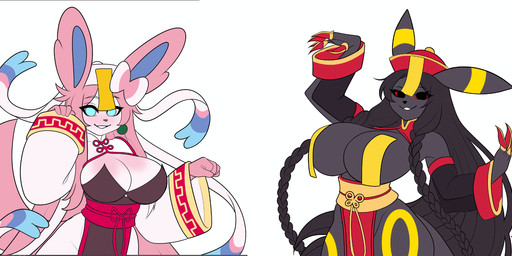 anthro asian_clothing chinese_clothing chinese_dress clothing dress duo east_asian_clothing female monster_girl_(genre) simple_background small_waist thick_thighs wide_hips revkoen asian_mythology chinese_mythology east_asian_mythology mythology nintendo pokemon eeveelution generation_2_pokemon generation_6_pokemon ghost jiangshi pokemon_(species) spirit sylveon umbreon undead vampire hi_res sketch traditional_media_(artwork)