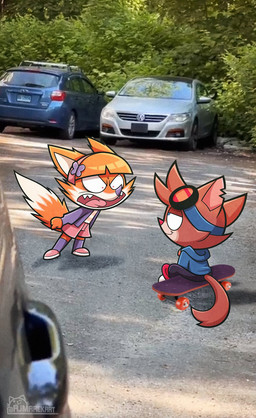 anthro bangs blue_eyes blunt_bangs brown_body brown_fur car clothing collar collar_tag dipstick_tail duo eyewear eyewear_on_head female fist freaking_out fur goggles goggles_on_head hatchback high_top_shoes hoodie male markings narrowed_eyes notched_ear orange_body orange_fur photo_background pink_eyes sitting skateboard smug smug_face tail tail_markings taunting topwear vehicle white_body white_fur ajmarekart murphy_and_mitzi murphy_(ajmarekart) vivian_(ajmarekart) canid canine domestic_cat felid feline felis fox mammal hi_res photography_(artwork)