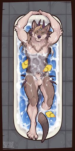 animal_genitalia anthro balls biped claws feet fingers fur genitals hair horn inside looking_at_viewer male navel nude nude_anthro nude_male penis sheath smile solo tail toes water wet clyde_wolf canid canine mammal 2026 absurd_res digital_drawing_(artwork) digital_media_(artwork) hi_res