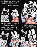 4_fingers 4_panel_comic aloha_shirt anthro black_background blush blush_stickers cat_smile clothing corpse costume dialogue duo eye_popping eyelashes fingers fursuit male mask pattern_clothing pattern_shirt pattern_topwear shirt simple_background teeth text tooth_gap topwear wearing_mask rawdawgcomics bingus_(rawdawgcomics) julian_(rawdawgcomics) stahli_(rawdawgcomics) canid canine canis domestic_dog lagomorph leporid mammal rabbit unknown_species 2025 digital_media_(artwork) english_text hi_res spot_color
