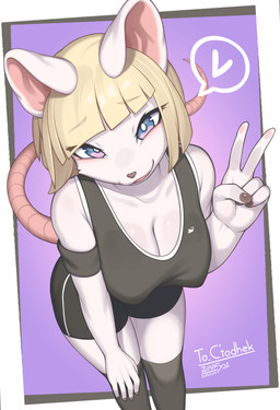 5_fingers anthro armband bangs bent_over big_breasts biped black_armband black_bottomwear black_clothing black_shirt black_shorts black_tank_top black_topwear blonde_eyebrows blonde_hair blue_eyes blunt_bangs border bottomwear breasts brown_fingernails brown_nails cleavage clothed clothed_anthro clothed_female clothing colored_nails dutch_angle eye_through_hair eyebrow_through_hair eyebrows eyelashes eyelashes_through_hair female female_anthro fingernails fingers front_view fully_clothed fully_clothed_anthro fully_clothed_female gesture gesturing_at_viewer grey_clothing grey_legwear grey_nose grey_thigh_highs hair hairless_tail hand_gesture hanging_breasts heart_symbol humanoid_hands iris legwear long_tail looking_at_viewer medium_hair multicolored_ears nails narrowed_eyes nipple_outline open_mouth open_smile outside_border pink_eyes pink_inner_ear pink_tail pose pupils purple_background shirt shorts simple_background smile smiling_at_viewer solo speech_bubble standing tail tank_top text thigh_highs topwear translucent translucent_hair transparent_speech_bubble two_tone_ears v_sign white_body white_border white_pupils white_sclera white_text zinfyu mammal mouse murid murine rodent 2025 absurd_res dated digital_drawing_(artwork) digital_media_(artwork) hi_res pinup portrait shaded three-quarter_portrait