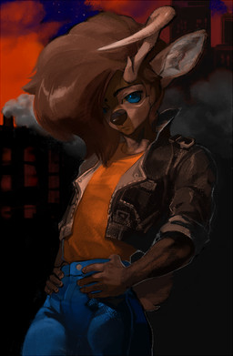 anthro antlers blue_eyes bottomwear brown_body brown_fur clothing denim denim_bottomwear denim_clothing evening fur hair horn inner_ear_fluff jacket jeans leather leather_clothing leather_jacket leather_topwear looking_at_viewer male outside pants shirt t-shirt topwear tuft mighty-whydah shayne_(rkan3) deer mammal 2020 digital_media_(artwork) digital_painting_(artwork) painting_(artwork) portrait