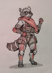 ambiguous_gender anthro arm_warmers armwear belt cape clothing digitigrade facial_markings gloves handwear head_markings knee_pads looking_aside markings mask_(marking) raccoon_tail satchel shoulder_pads solo topwear vest mrmanueh manuel_(mrmanueh) mammal procyonid raccoon hi_res traditional_media_(artwork)