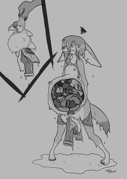 4_fingers 4_toes abdominal_bulge annoyed anthro areola big_ears bodily_fluids bottomwear cavity_storage cervix claws clitoris clothing dipstick_tail disembodied_hand doll dripping duo excessive_genital_fluids feet female fingers flat_chested fur genital_fluids genitals hair huge_penetration humanoid_genitalia humanoid_vulva inside internal markings multi_nipple multicolored_body multicolored_fur nipples non-euclidean_sex penetration plushie plushophilia ridiculous_fit sex shirt shorts simple_background small_waist solo_focus standing stretched_vagina tail tail_markings tank_top teats tight_fit toe_claws toes topwear torn_clothing uterus vaginal vaginal_fluid_drip vaginal_fluids vaginal_fluids_on_ground vaginal_penetration vaginal_storage voodoo voodoo_doll voodoo_penetration vulva wet wet_body wet_fur white_background wide_hips toby_art amelia_(rozenfire) canid canine fennec_fox fox mammal true_fox 2023 greyscale hi_res monochrome