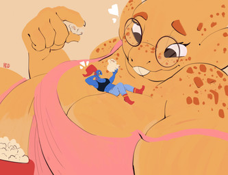 abs anthro big_breasts breasts buckteeth clothed clothing duo eyelashes eyewear female food freckled_chest freckled_face freckled_shoulders freckles glasses hair long_eyelashes lying macro micro muscular muscular_female on_back on_partner popcorn red_hair relaxing scale_freckles scales simple_background size_difference slightly_chubby smile teeth thick_thighs wide_hips yellow_body red_breadd undertale undertale_(series) alphys undyne animal_humanoid aquatic aquatic_humanoid fish fish_humanoid humanoid reptile scalie absurd_res digital_media_(artwork) hi_res