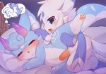 anthro anthro_on_anthro bed duo female fur furniture genitals imminent_sex kemono male male/female penis sleeping thought_bubble white_body white_fur young young_on_young deaic mythology canid canine dragon mammal mythological_creature mythological_scalie scalie hi_res