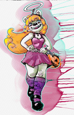 5_fingers anthro black_choker black_clothing black_footwear black_jewelry black_necklace black_nose black_shoes blonde_hair blue_eyes blue_outline braces breasts candy choker cigarette cigarette_in_mouth clothing dessert digit_ring dress fake_halo female female_anthro finger_ring fingers food footwear fur grey_inner_ear hair hands_on_hips hands_on_own_hips holidays jewelry long_hair mary_janes necklace object_in_mouth outline pink_clothing pink_dress pink_tongue pumpkin_basket pupils purple_clothing purple_footwear purple_socks red_pupils shoes small_breasts socks solo teeth tongue walking white_body white_ears white_fur candybastard halloween krista_blonde bear mammal 2025 hi_res