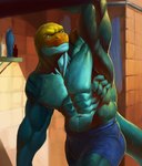 abs anthro biceps big_muscles blue_body blue_bottomwear blue_clothing blue_scales blue_shorts bodily_fluids bottomwear clothed clothing detailed_background fingers green_eyes lats_(muscle) looking_back male markings muscular muscular_anthro muscular_male obliques orange_body orange_scales pecs public_shower quads raised_arm scales serratus shorts shorts_only solo spots spotted_body spotted_scales striped_body striped_scales stripes sweat sweatdrop sweaty_abs sweaty_pecs topless yellow_body yellow_scales nightarm monroe_lehner collared_lizard common_collared_lizard lizard reptile scalie 2024 digital_media_(artwork) digital_painting_(artwork) hi_res