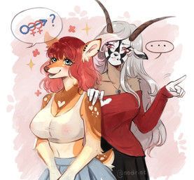 anthro big_breasts blush blush_lines bottomwear breasts clothed clothing duo ear_piercing ear_ring eyelashes female gender_symbol gender_symbol_penetration grey_hair grin hair heart_(marking) heart_pendant horizontal_pupils horn imminent_sex jewel_collar jewelry lewd_symbolism long_hair looking_at_viewer markings nipple_outline nipples_through_clothes pendant piercing pupils red_hair ring_piercing shy simple_background skirt smile star star_emanata suggestive symbol talking_to_viewer text tight_clothing topwear nodriot evy_(konczei2) nayeera antelope bovid deer grazing_antelope mammal oryx absurd_res digital_drawing_(artwork) digital_media_(artwork) hi_res pictographics