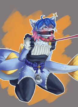 anthro balls blue_body blue_eyes blue_fur blue_hair blush chastity_cage chastity_device clothing collar eyewear flat_chastity_cage fur gag gagged genitals glasses hair hands_behind_back heart_eyes heart_symbol kneeling leash leash_pull leashed_collar legwear looking_at_another male metal_chastity_cage offscreen_dominant pink_collar pink_hair_tips pink_tongue ring_gag round_glasses solo thigh_highs tongue wearing_chastity_cage wearing_chastity_device wearing_collar wearing_glasses shoomka 2026 digital_drawing_(artwork) digital_media_(artwork) english_description hi_res