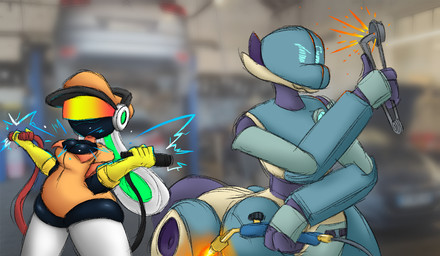 black_body blowtorch blue_body breasts cable cleavage clothed clothing duo electricity electronics female fire gloves handwear hat headgear headphones headwear machine male mechanic orange_clothing orange_topwear orange_vest shortstack shortstack_female thick_thighs topwear vest visor yellow_clothing yellow_gloves yellow_handwear snake_metal_(artist) project_turboblast lynsy_(snake_metal) paxton_(snake_metal) animal_humanoid humanoid lagomorph leporid mammal phonotron rabbit robot taur hi_res