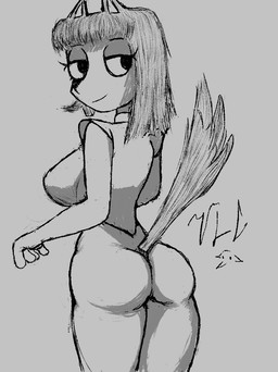 animal_ears anthro big_butt breasts butt clothed clothing eyelashes female huge_butt looking_away narrowed_eyes paws simple_background smile smug_face solo standing tail kunshikter tasqyn_studio mom_(kunshikter) hi_res monochrome tagme