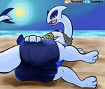 balls_outline bandage beach bulge butt butt_grab clothing detailed_bulge genital_outline hand_on_butt kerchief looking_at_viewer lying neckerchief neckwear on_side outside raised_tail seaside spread_butt spreading swimwear tail tight_clothing atomicmeta nintendo pokemon generation_2_pokemon legendary_pokemon lugia pokemon_(species)