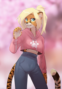 anthro black_nose black_spots blonde_hair blue_bottomwear blue_clothing blue_eyes blue_pants blurred_background bottomwear claws clothing cropped_hoodie female footprint fur hair hoodie inner_ear_fluff long_hair long_sleeves looking_away markings pants pawprint pink_clothing pink_cropped_hoodie pink_hoodie pink_topwear ponytail smile solo spots spotted_body spotted_fur spotted_markings tail tan_body tan_fur teeth topwear tuft white_claws yellow_body yellow_fur azzai cheetah felid feline mammal 2022 colored digital_drawing_(artwork) digital_media_(artwork) shaded