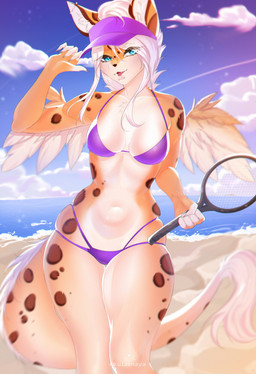 anthro bangs beach bikini bikini_bottom bikini_top blue_eyes breasts brown_markings clothing cloud collarbone day ear_piercing eyelashes facial_piercing feathered_wings feathers female fur furgonomic_piercing furgonomics hair holding_object lip_piercing markings medium_breasts muzzle_piercing navel nose_piercing open_mouth orange_body orange_fur piercing purple_bikini purple_clothing purple_swimwear sea sky small_waist snakebite_piercing solo spots spotted_body spotted_fur standing swimwear tail tail_tuft tan_body tan_fur thick_thighs tuft two-piece_swimsuit water white_hair wings akulaenaya felid leopard mammal pantherine 2024 colored digital_drawing_(artwork) digital_media_(artwork) hi_res shaded