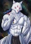 abs after_transformation anthro asian_clothing bag biceps blue_eyes clothed clothing east_asian_clothing fur guardian japanese_clothing male muscular muscular_anthro muscular_male neck_tuft pecs servant solo topless topless_anthro topless_male tuft white_body white_fur chibikoma kakuriyo_no_yadomeshi ginji ayakashi canid canine deity fox mammal 2021 absurd_res digital_drawing_(artwork) digital_media_(artwork) hi_res