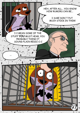cage dialogue elderly_male evil_grin eyewear feral glasses gold_(metal) gold_tooth green_eyes grey_hair hair holding_cage light_body light_skin male nervous smile speech_bubble text trapped redundantmodule 101_dalmatian_street 101_dalmatians disney alfred_bright fergus_(101_dalmatians) canid canine fox human mammal red_fox true_fox comic english_text hi_res
