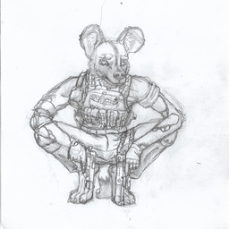 anthro bulletproof_vest clothing crouching dipstick_tail ear_piercing elbow_pads electronics eye_scar facial_markings facial_scar gloves gun handgun handwear head_markings headgear headphones headset industrial_piercing industrial_piercing_ladder knee_pads male markings muzzle_(marking) piercing pistol ranged_weapon red_eyes scar smoking solo tactical_gloves tail tail_markings weapon devarg african_wild_dog canid canine mammal absurd_res graphite_(artwork) hi_res traditional_media_(artwork)