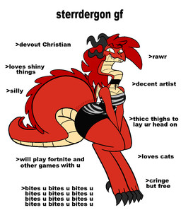 anthro breasts choker claws clothed clothing cross cross_necklace feet female green_eyes hair horn jewelry legwear looking_at_viewer necklace scales simple_background smile solo tail teeth text thick_thighs toe_claws toes wide_hips starrtoon gf_type_(meme) mythology sterrdergon dragon mythological_creature mythological_scalie scalie 2024 digital_media_(artwork) english_text meme