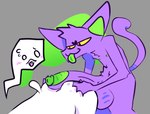 anthro balls butt duo fur genitals green_penis long_tail male male/male penis penis_resting_on_butt purple_body purple_fur short_tail tail poundfulpanda undertale undertale_(series) bada_(badaboomey) tem_me_(poundfulpanda) temmie_(undertale) domestic_cat felid feline felis mammal tem