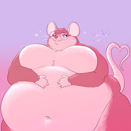 5_fingers anthro belly big_belly big_breasts breasts buckteeth chubby_cheeks eyelashes eyewear featureless_breasts female fingers fur gesture glasses hand_on_belly heart_shaped_tail heart_symbol huge_belly motion_lines navel nude obese obese_anthro obese_female one_eye_closed overweight overweight_anthro overweight_female pink_body pink_fur simple_background smile solo tail tail_gesture tail_heart teeth whiskers wink widewobblyproductions mammal mouse murid murine rodent 1:1 2026 half-length_portrait hi_res portrait