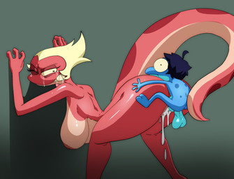 anthro balls big_breasts black_hair blue_body blue_skin bodily_fluids breasts butt cum cum_in_vagina cum_inside doggystyle drooling duo erection female from_behind_position genital_fluids genitals green_background hair hanging_breasts interspecies larger_female male male/female male_penetrating multicolored_body nipples nude penetration penis pink_body pink_skin red_body red_skin saliva sex sharp_teeth short_hair simple_background size_difference smaller_male tail tears teeth two_tone_body vaginal inker_comics amphibia_(series) disney general_yunan amphibian frog newt salamander 2025 absurd_res hi_res