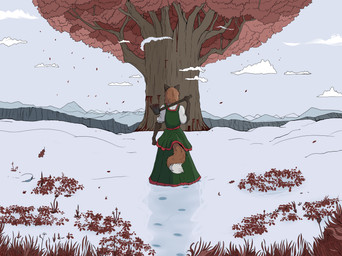 anthro axe blood bodily_fluids clothing dipstick_tail dress female green_clothing markings plant snow solo tail tail_markings tree garbagegarage four-eyes_(garbagegarage) canid canine fox mammal red_fox true_fox 2023 hi_res