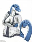 5_fingers anthro blue_body breasts cleavage clothed clothing collarbone female fingers holding_tail jacket non-mammal_breasts scales simple_background solo suggestive tail topwear white_body white_clothing white_jacket white_scales white_topwear yellow_eyes adleisio gecko hybrid lizard reptile scalie snake 2019 hi_res portrait