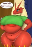 2021 anthro areola belly big_areola big_breasts blaziken blue_eyes bottomless breasts clothed clothing curvy_figure dialogue english_text female front_view generation_3_pokemon genitals hi_res huge_breasts huge_thighs ineffective_clothing innie_pussy inside navel nintendo nipple_outline nipples pandashorts partially_clothed plump_labia pokemon pokemon_(species) pussy red_body shirt slightly_chubby solo speech_bubble standing text thick_thighs tight_clothing topwear under_boob voluptuous yellow_sclera