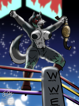 anthro big_breasts boots bottomwear breasts bulge championship_belt clothed clothing crowd denim denim_bottomwear denim_clothing fighting_ring footwear green_body grey_body group gynomorph intersex jeans lipstick lit_from_behind lucha_libre_mask luchador makeup mask muscular muscular_gynomorph muscular_intersex pants pants_only pose red_sclera scar shoes solo sports_mask sportswear topless torn_bottomwear torn_clothing torn_pants wearing_mask white_body white_eyes wrestler wrestling wrestling_mask frooby canid canine canis mammal wolf 3:4 absurd_res hi_res