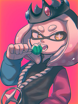 candy chain_necklace clothed clothing cross_pupils crown dessert facial_markings fangs female food hair head_markings headgear holding_candy holding_food holding_lollipop holding_object hood hoodie jewelry light_body light_skin lollipop lollipop_in_mouth markings mask_(marking) necklace not_furry open_mouth pink_background pink_hair pseudo_hair simple_background solo teeth tentacle_hair tentacles topwear yellow_eyes pokunchan nintendo splatoon pearl_(splatoon) animal_humanoid aquatic aquatic_humanoid cephalopod cephalopod_humanoid humanoid inkling mollusk mollusk_humanoid squid_humanoid 2023 3:4 chromatic_aberration digital_drawing_(artwork) digital_media_(artwork) half-length_portrait portrait