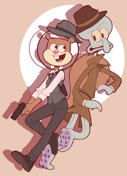 anthro back_to_back barefoot bottomwear clothing countershade_face countershade_feet countershading detective detective_hat duo feet female footwear gun hat headgear headwear male male/female open_mouth pants ranged_weapon shoes simple_background tentacles weapon cocodavie nickelodeon spongebob_squarepants sandy_cheeks squidward_tentacles aquatic cephalopod coleoid decapodiform mammal mollusk rodent sciurid squid tree_squirrel hi_res