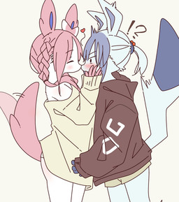 anthro anthrofied blue_body blue_fur blue_hair blush bottomwear clothed clothing duo eyes_closed female female/female fur hair heart_symbol holding_face hoodie interrobang kemono kissing nuzzling pink_hair pokemorph shocked simple_background skirt surprise_kiss sweater tail tail_motion tailwag topwear white_body white_fur mikeyama nintendo pokemon eeveelution generation_4_pokemon generation_6_pokemon glaceon mammal pokemon_(species) sylveon hi_res