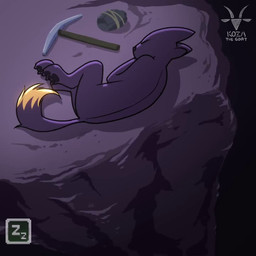 anthro black_body black_fur black_pawpads canteen cliff digitigrade dipstick_tail falling fur game_ui high-angle_view logo markings monotone_body monotone_fur nude nude_anthro pawpads pickaxe sleeping slim slim_anthro solo status_effect stretching surprised tail tail_markings text waking_up yellow_sclera kozathegoat casualties:_unknown expie_(gunsawian) gunsawian 2026 2d_animation animated artist_logo artist_name cel_shading frame_by_frame shaded short_playtime video